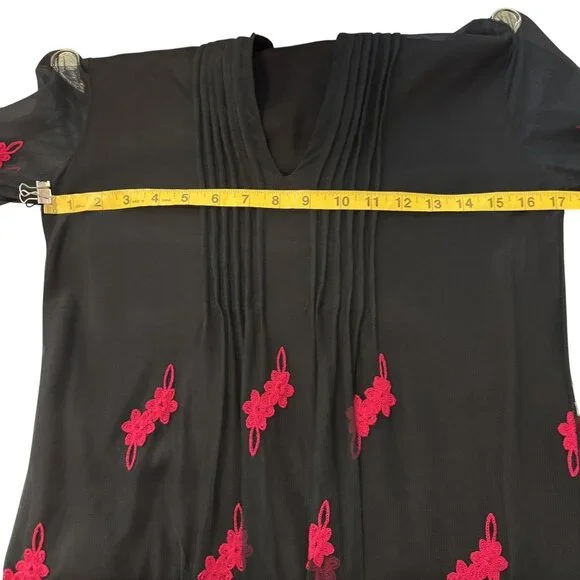 Black & Red Embroidered Long Sleeve Tunic Dress By Niza Size 38 Sheer Sleeve - Picture 8 of 12